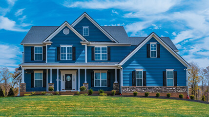 A majestic sapphire blue house adorned with siding and shutters stands proudly on a large lot in the suburban subdivision, commanding attention against the vibrant blue sky.