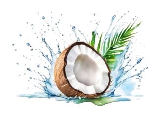   fresh splash water Split coconut   watercolor. isolated white background