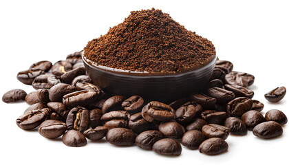 Obraz premium Heap of ground coffee and beans on white background