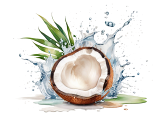 splash water coconut Split  fresh watercolor. isolated white background