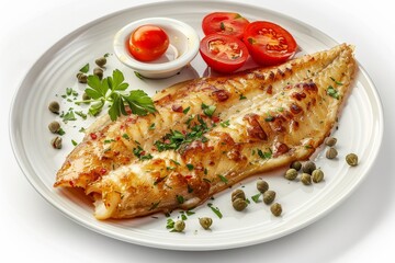 Pike perch, fried sander fish, zander fillet with tomatoes, capers. Barbecue pike meat on white