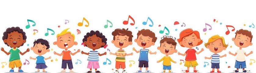 A group of diverse children are singing and holding hands. They are all smiling and look happy.