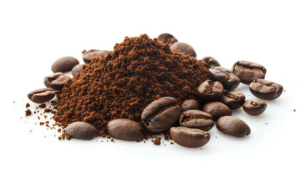 Fototapeta premium Heap of ground coffee and beans on white background