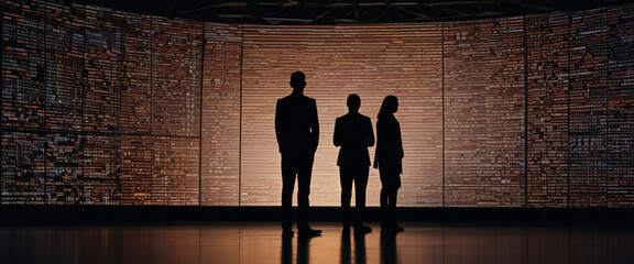 A silhouette of a person standing in front of a giant digital screen with a flow of data showing various cyber threats and vulnerabilities