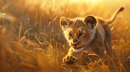 Amidst the golden grasslands, a lion cub playfully pounces on a tuft of grass, its tiny claws...