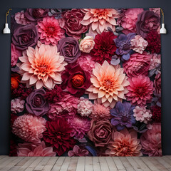 Photography Backdrop of a fabric backdrop with a dense floral pattern of tulips and dahlias for party decor. Photography Backdrops, Fabric Backdrops, Floral Multicolor Overlays.