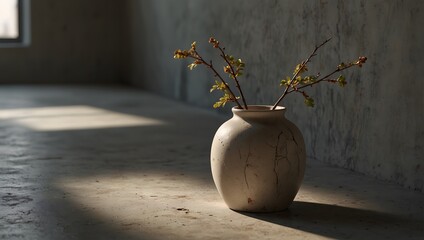 Branch in vase on the concrete floor. Generative Ai