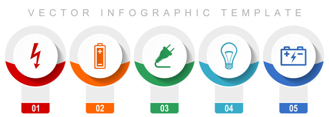Power and energy icon set, miscellaneous vector icons such as bolt, battery, plug and light bulb, modern design infographic template, web buttons in 5 color options