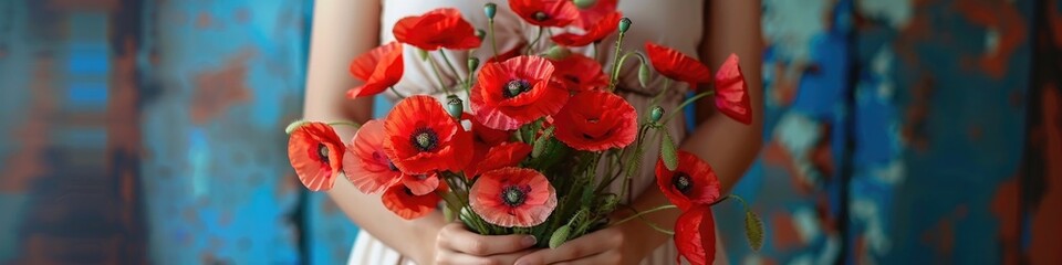 Obraz premium Vivid red poppies held in tender woman hands