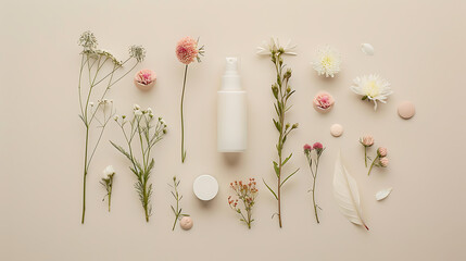 Cosmetic skincare bottle mockup with flowers beige background copy space