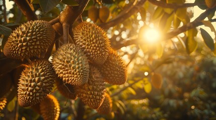 Ripe Mon Thong durians hanging in clusters, awaiting harvest, amidst dense foliage, perfectly illuminated by the morning sun in a Thai orchard