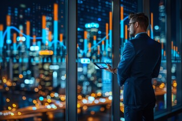 Fototapeta premium Man Standing in Front of Window, Looking at City at Night