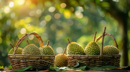 Several durian fruits in bamboo baskets, positioned under durian trees in a blurry green nature garden