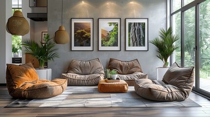 Elegant living room interior with a grey sofa, wooden shelves, plants and paintings on the wall