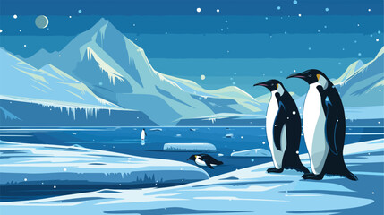 Winter North pole Arctic landscape penguin Vector illustration