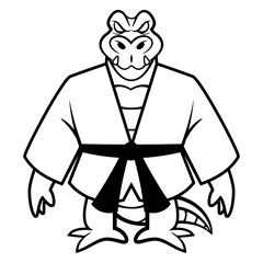 Big Alligator cartoon characters wearing karate uniform and belt get ready for combat. Best for outline, logo, and coloring book with martial arts themes for kids