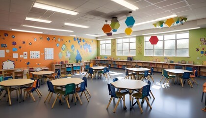 A school classroom with colorful chairs and tables for children