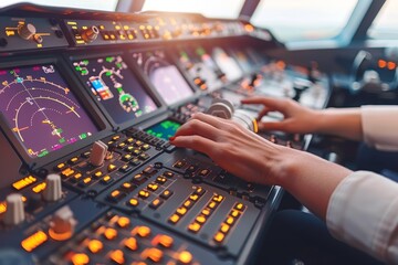 Person Operating Control Panel in Airplane - obrazy, fototapety, plakaty