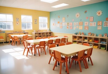 A school classroom with colorful chairs and tables for children