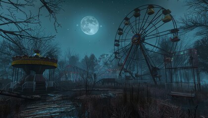 A ghostly amusement park, its rides long stilled, flickers back to life with phantom laughter under the moonlit sky