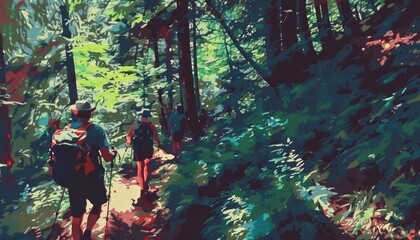 A group of hikers exploring a dense forest trail, captured in an expressionist painting style with a text box at the top