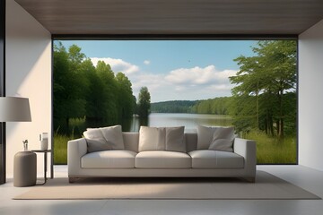 Minimalist living room in white color with sofa and summer landscape in window. Scandinavian...