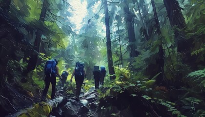A group of hikers exploring a dense forest trail, captured in an expressionist painting style with a text box at the top
