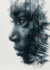 double exposure of a woman face and jungle leaves, graphite pencil and charcoal design 
