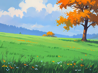 Landscape painting of a green hill and colorful yellow tree in Japanese Anime minimalist style