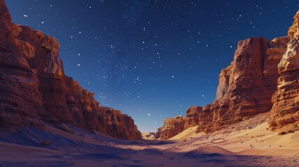 A majestic desert canyon under a starry sky, rendered in a surrealistic style with a designated area on the right for poetic verses