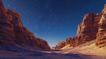 Obraz premium A majestic desert canyon under a starry sky, rendered in a surrealistic style with a designated area on the right for poetic verses