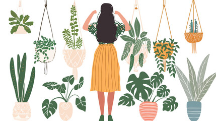 Woman with houseplant on macrame hangers Vector illustration