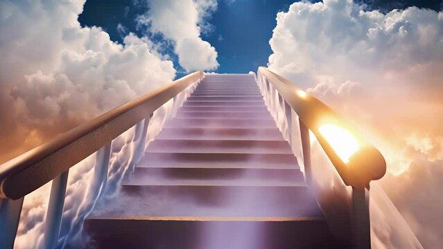 Majestic stairway ascending to a heavenly sky, flanked by clouds. Ethereal steps leading upwards. Concept of ascension, spirituality, heaven, hope, journey, divine path. Motion