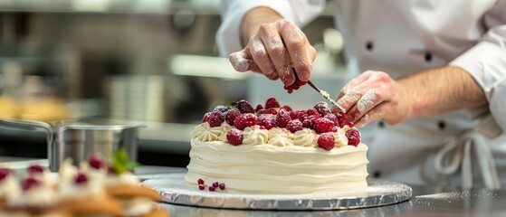 Closeup of a pastry chef decorating a cake in a bakery, perfect for culinary ads with room for text