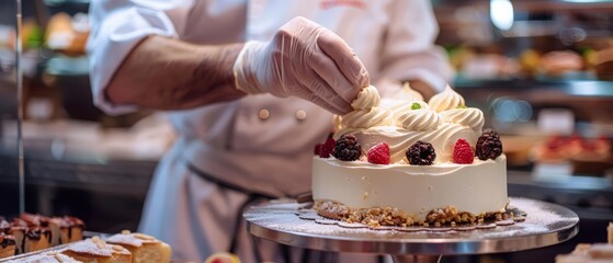 Closeup of a pastry chef decorating a cake in a bakery, perfect for culinary ads with room for text