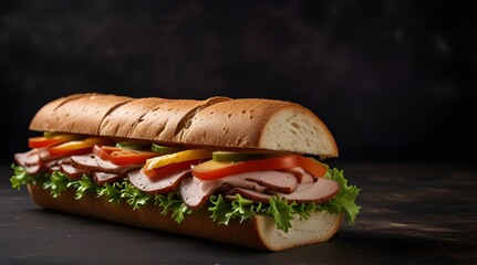 Submarine sandwiches Long subway sandwiches on a dark.generative.ai