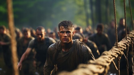 Intense Training Session: Military Soldiers Climbing Ropes in a Challenging Obstacle Course