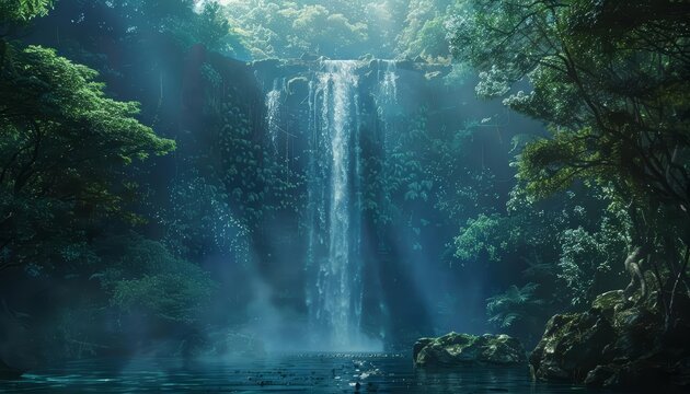 Amid the haunting emptiness of an ancient forest, a holographic waterfall cascades silently into a digital lake