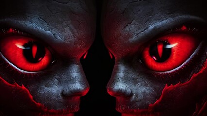 Intense demonic faces with glowing red eyes. Devils with vibrant eyes. Concept of Halloween, horror, evil spirits, supernatural beings, optical illusion. Motion