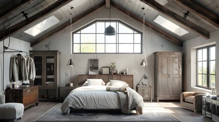 Vaulted ceiling with skylights in farmhouse. Interior design of modern rustic bedroom