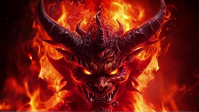 Dark horned devil with glowing red eyes in a fire-lit backdrop. Hellish creature in a hell. Concept of Halloween, mythical beings, dark fantasy art. Motion