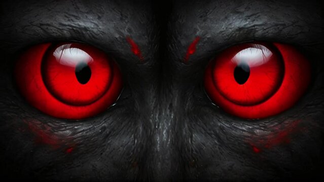 Fierce red eyes on a dark textured face. Demonic eyes. Concept of Halloween, horror, evil spirits, supernatural beings, demons. Motion