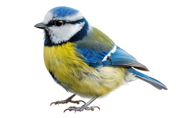A blue tit looking vibrant against the white background, isolated