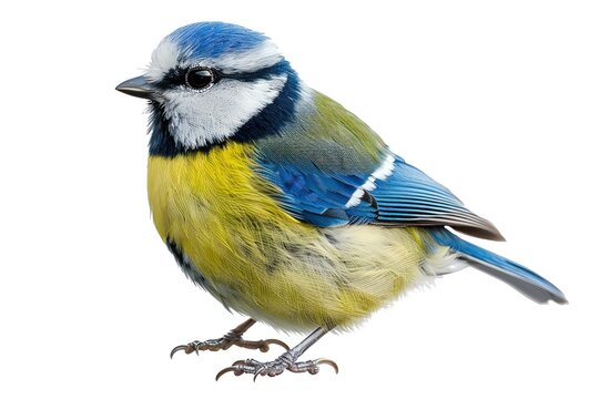 A blue tit looking vibrant against the white background, isolated