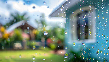 A macro shot of raindrops clinging to the window of a sky-blue house, with a blurred garden in the background.