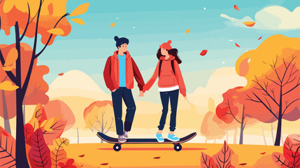 Young couple in skateboard on the park Vector illustration