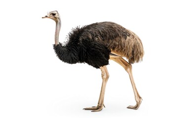 An ostrich with its long neck and large eyes, standing, isolated on a white background