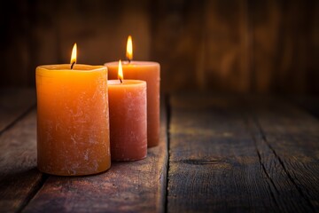 AI generated illustration of lit candles arranged on a wooden table