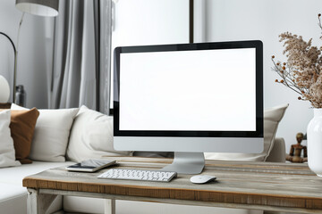 Fototapeta premium In a contemporary white living room, a wooden desk features an empty computer mockup with a blank white screen, perfect for showcasing your digital product or service. Commercial p