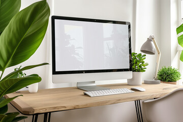 Fototapeta premium In a bright and airy living space, a wooden desk stands adorned with an empty computer mockup, providing a clean canvas for your digital creations. Commercial photo